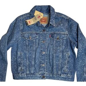 Levi's Trucker Denim Jacket Women's Large Boxy Cropped NWT Speckled Splattered